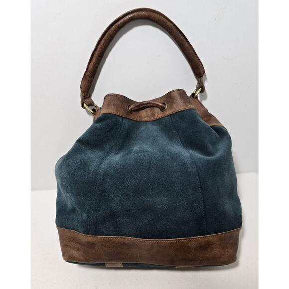 Anabaglish Suede/Leather Drawstring Hobo Shoulder Bag Purse Teal with Brown Trim - Picture 4 of 15